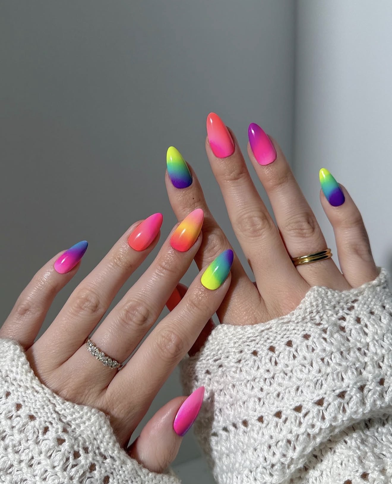 Vibrant Neon Gradient Almond Nails