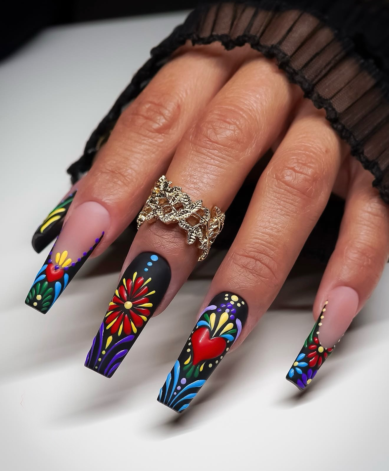 Vibrant Sacred Heart Matte Coffin Nails