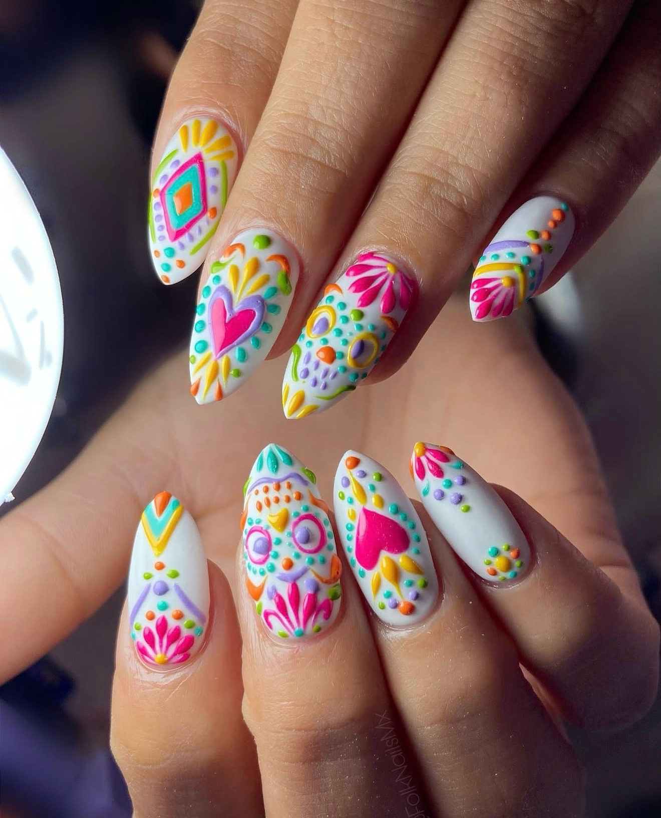 Vibrant Sugar Skull Almond Nail Art