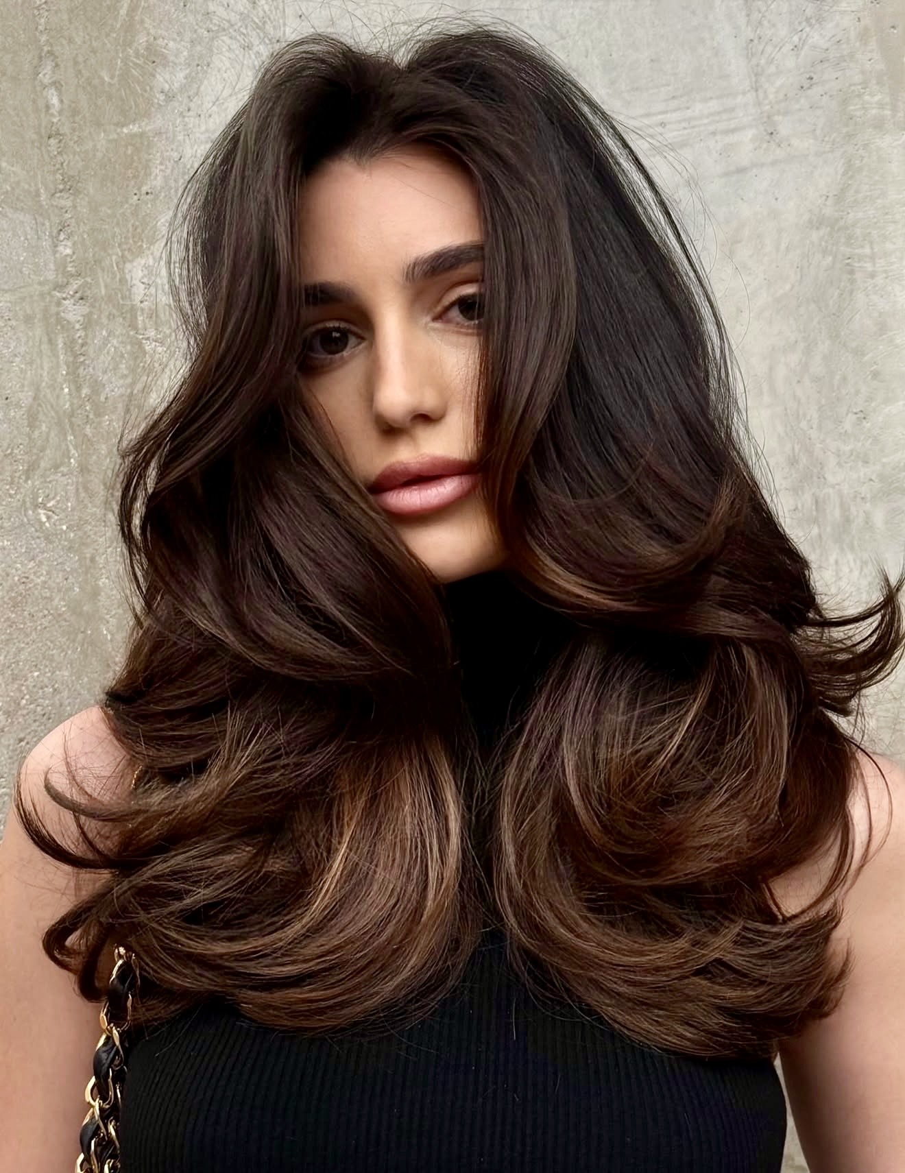 Voluminous Brunette Waves With Caramel Balayage
