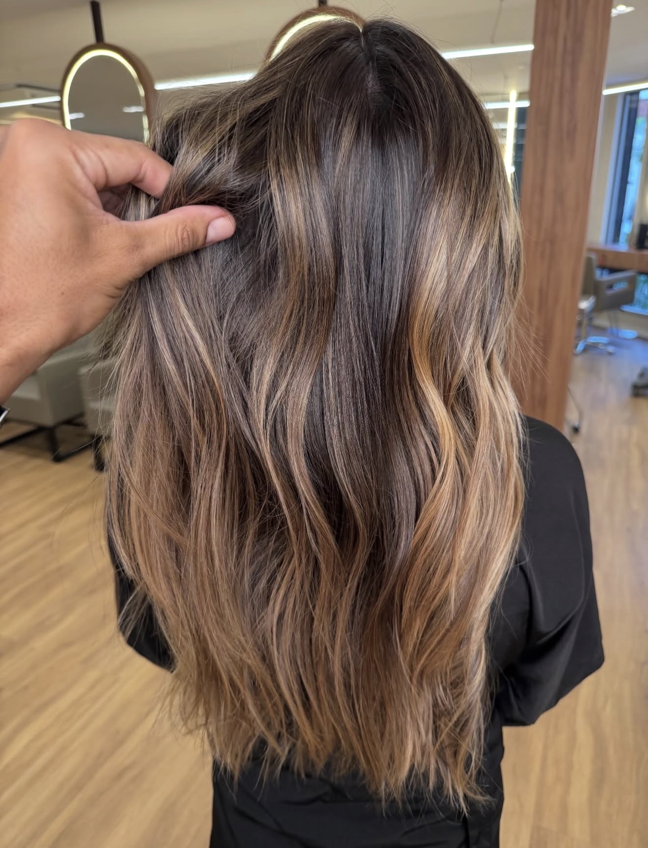Warm Caramel Balayage On Chocolate Brown Waves