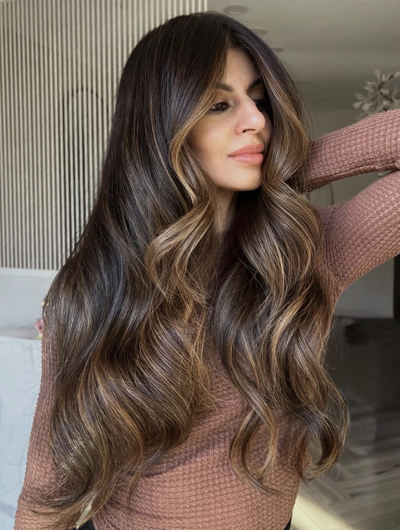 Warm Caramel Balayage On Dark Brown Waves