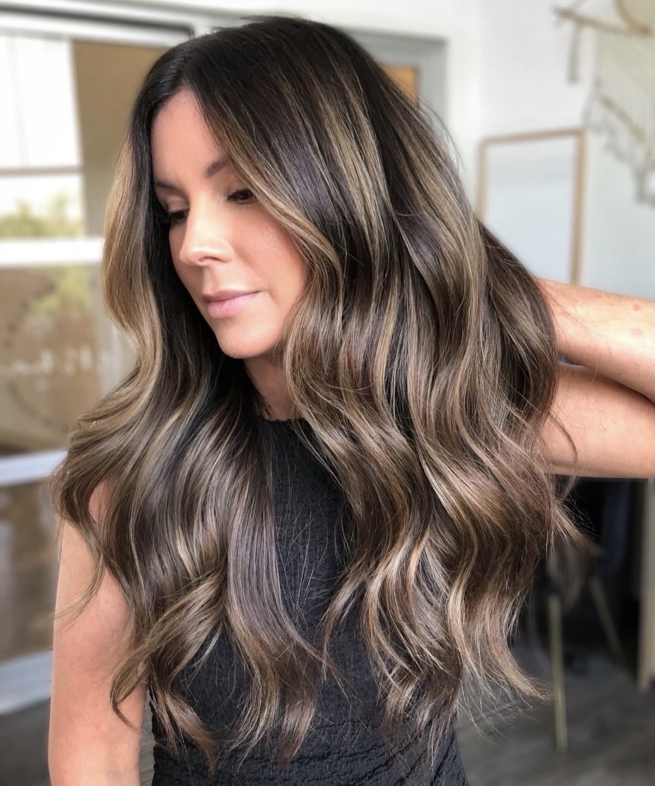 Warm Chestnut Balayage With Honey Blonde Dimension