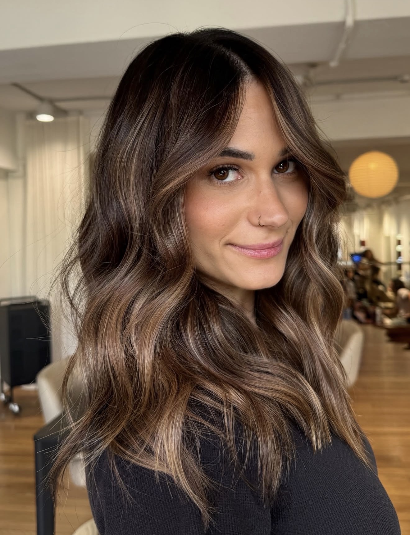 Warm Chestnut Balayage With Loose Beach Waves