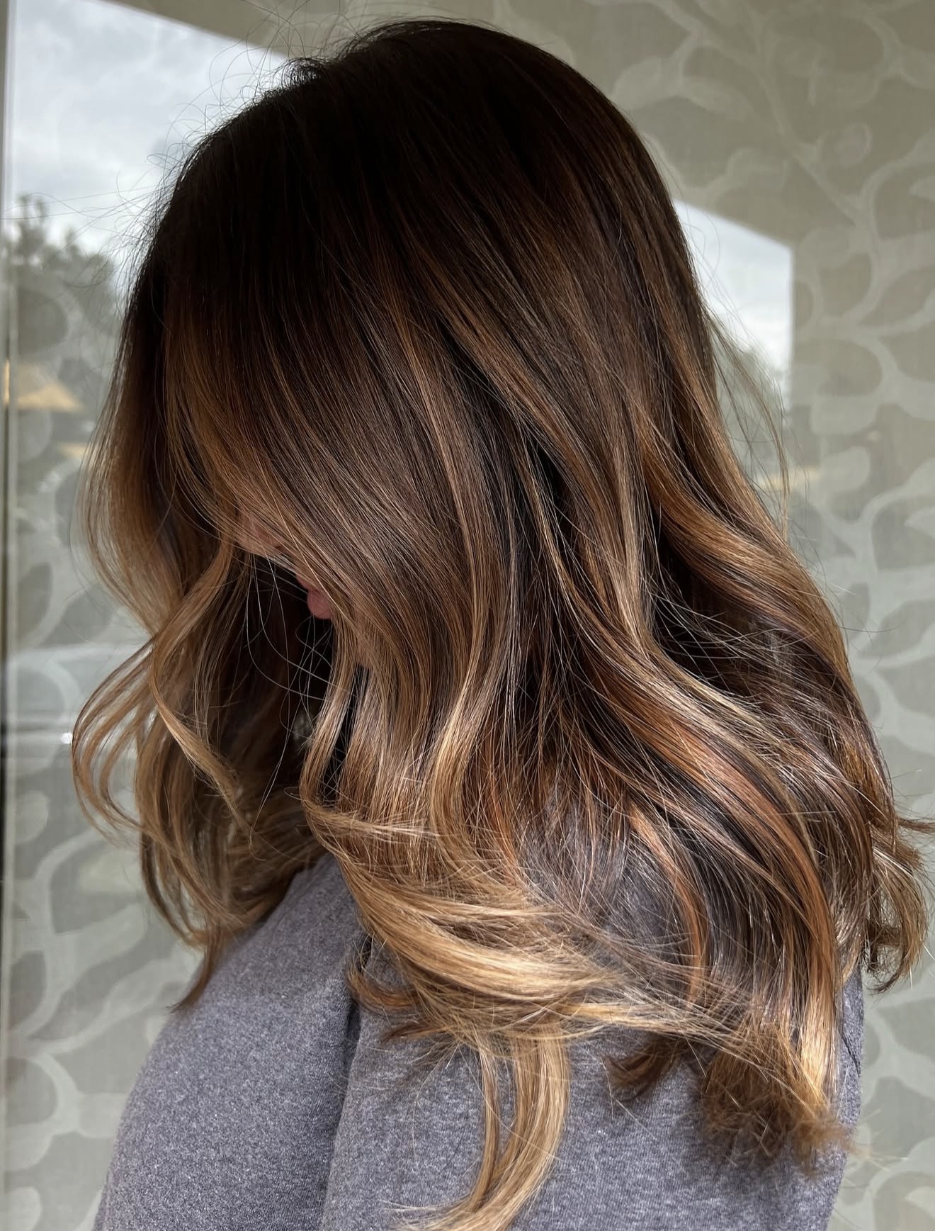Warm Chocolate Brown Balayage With Caramel Highlights