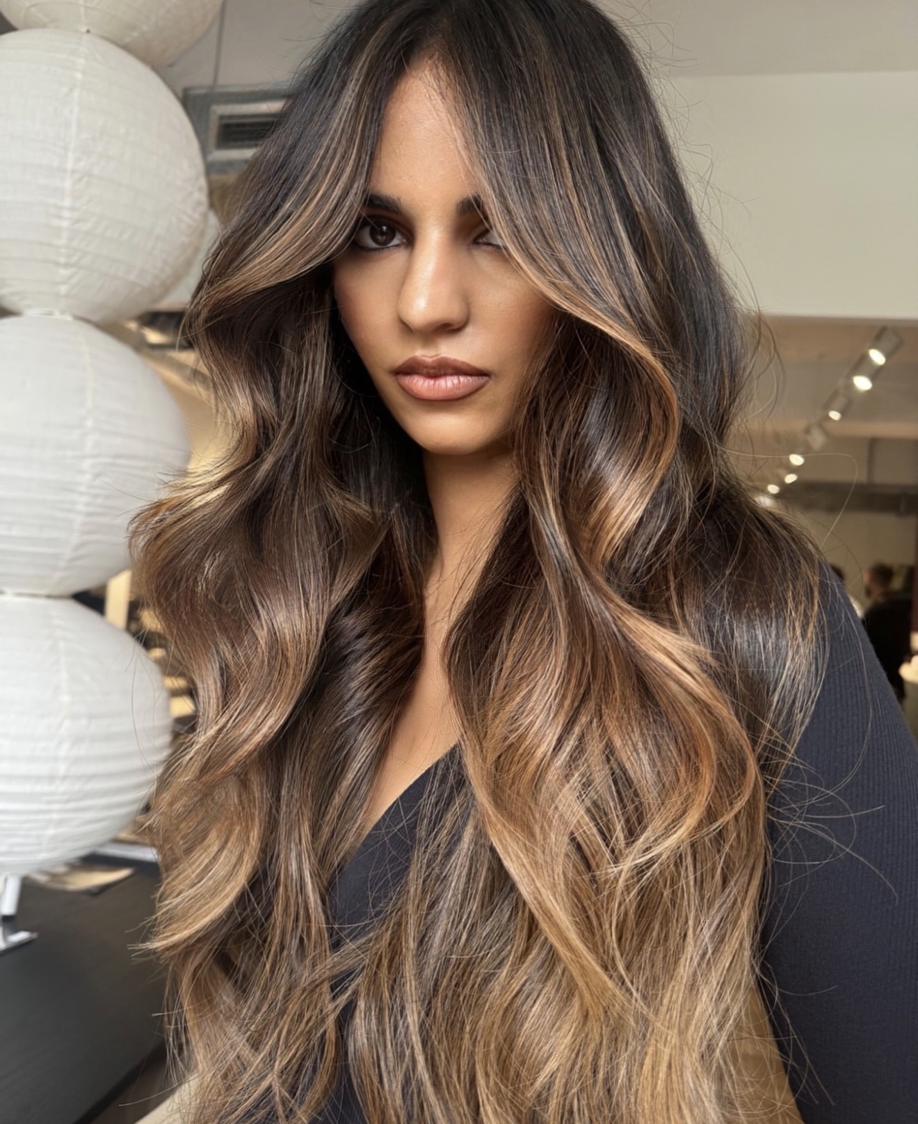 Warm Honey Balayage On Brunette Waves