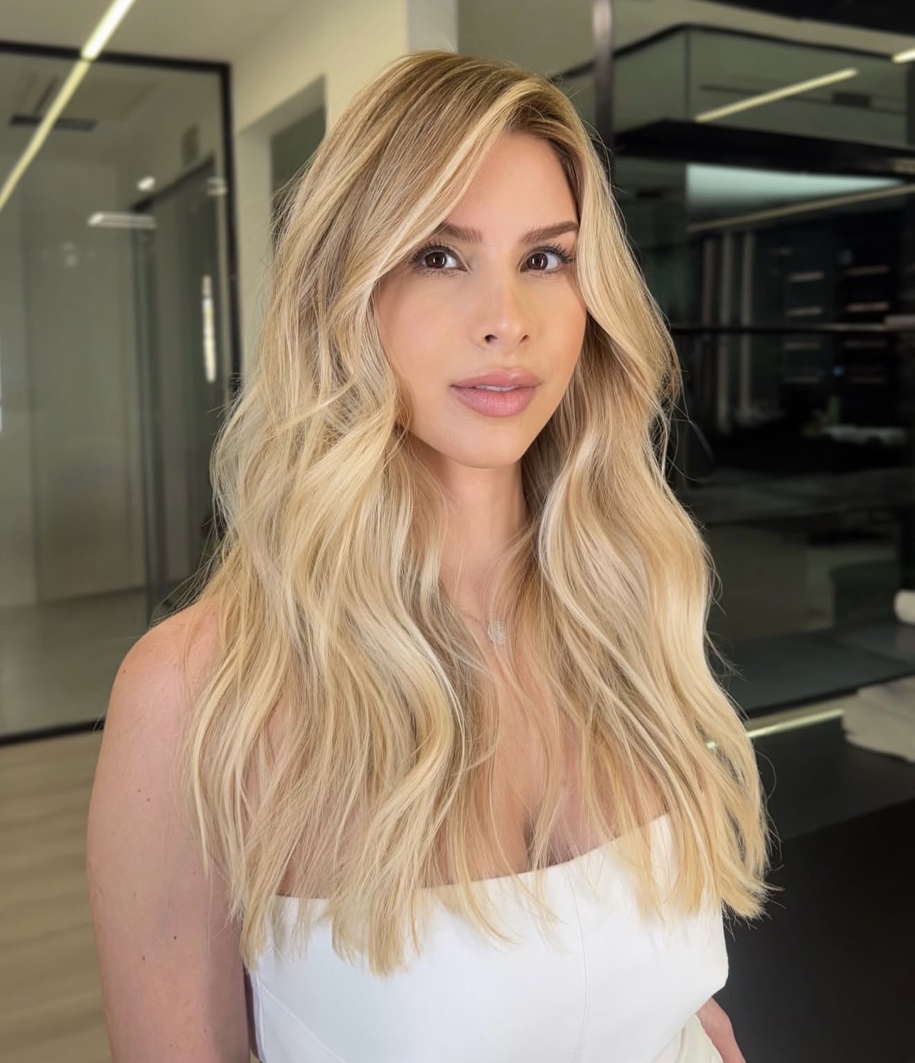 Warm Honey Blonde Balayage With Soft Waves