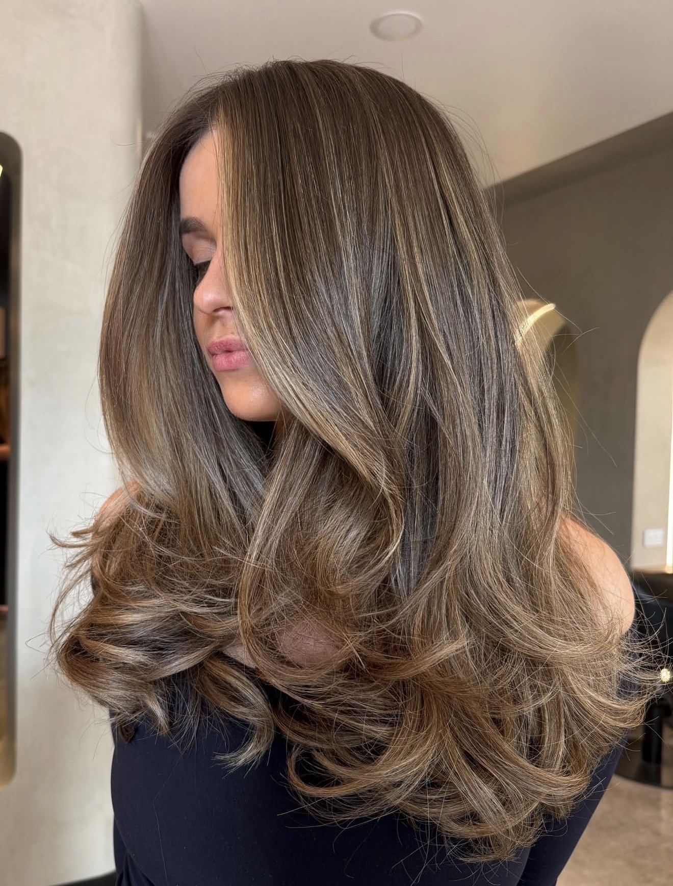 Warm Honey Highlights On Chocolate Brown Waves