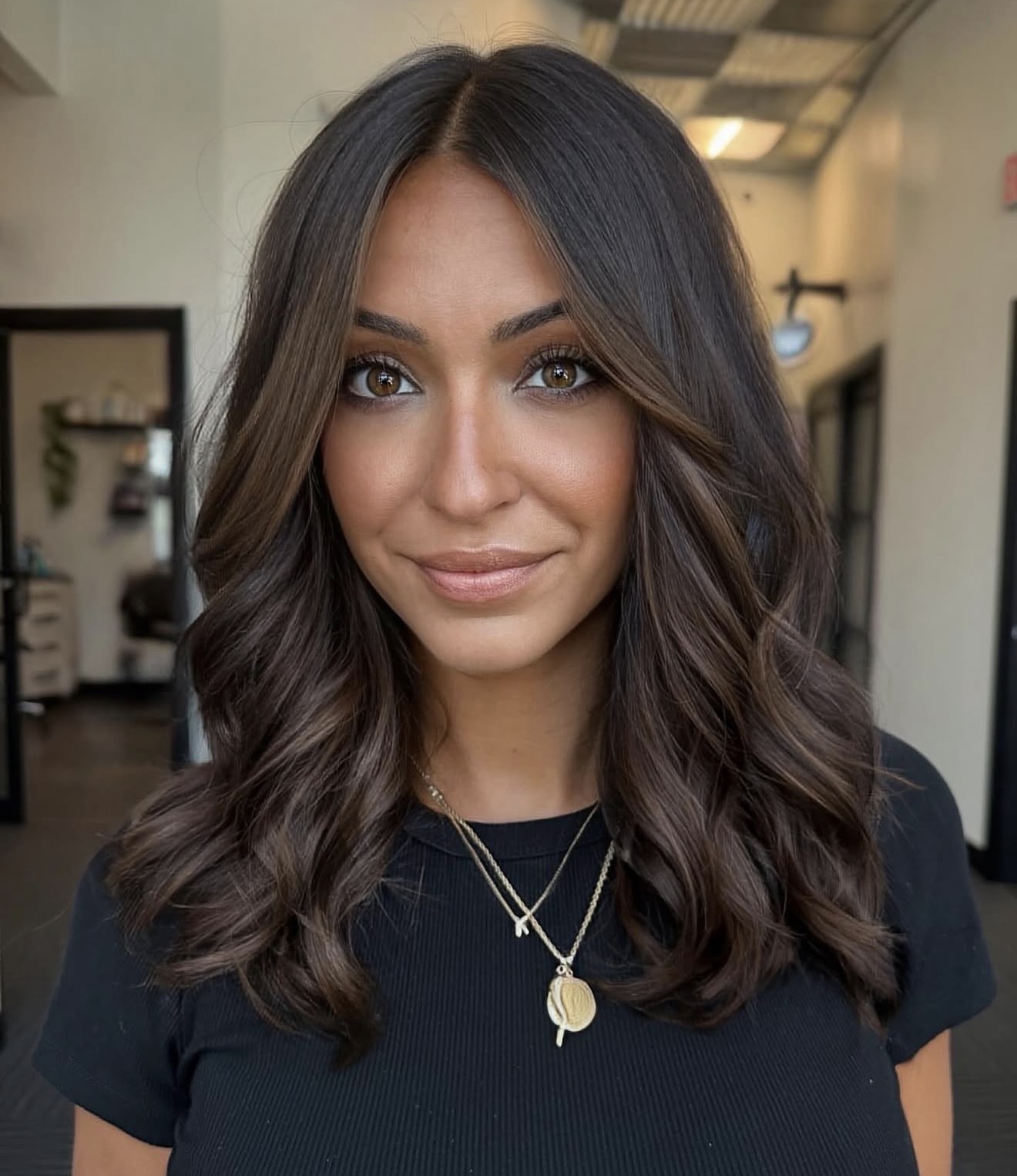Warm Toffee Balayage On Dark Brown Waves