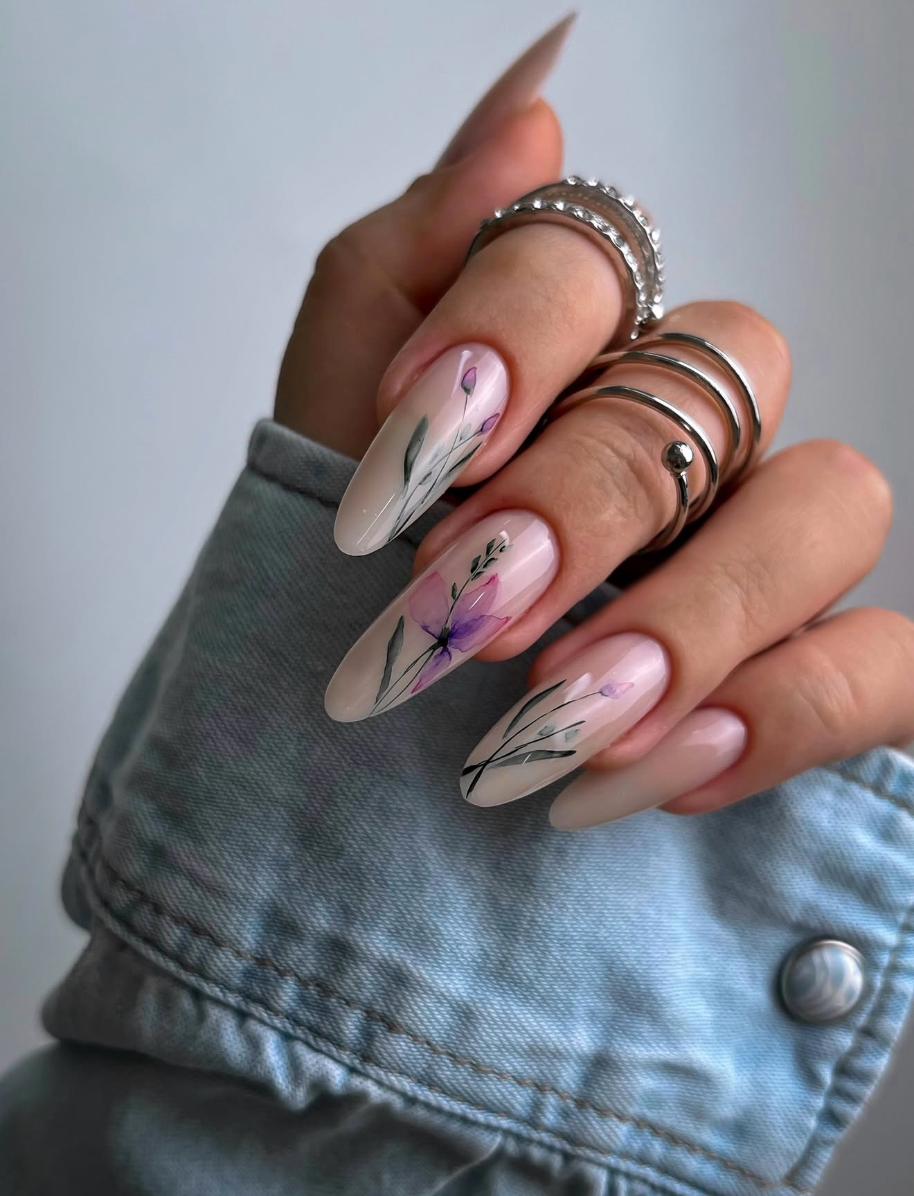 Watercolor Floral Almond Nails