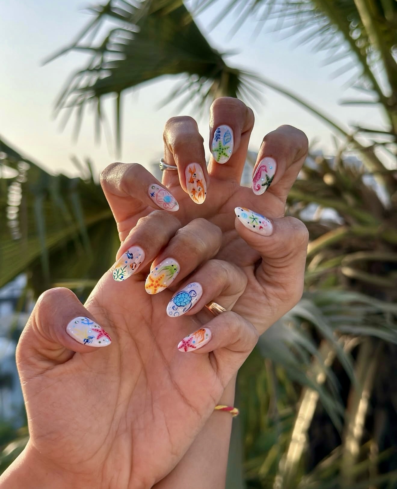 Whimsical Ocean Life Almond Gel Nails