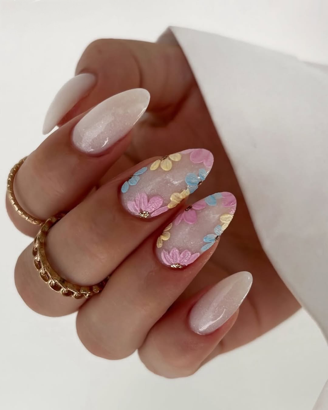Whimsical Pastel Floral Almond Nails