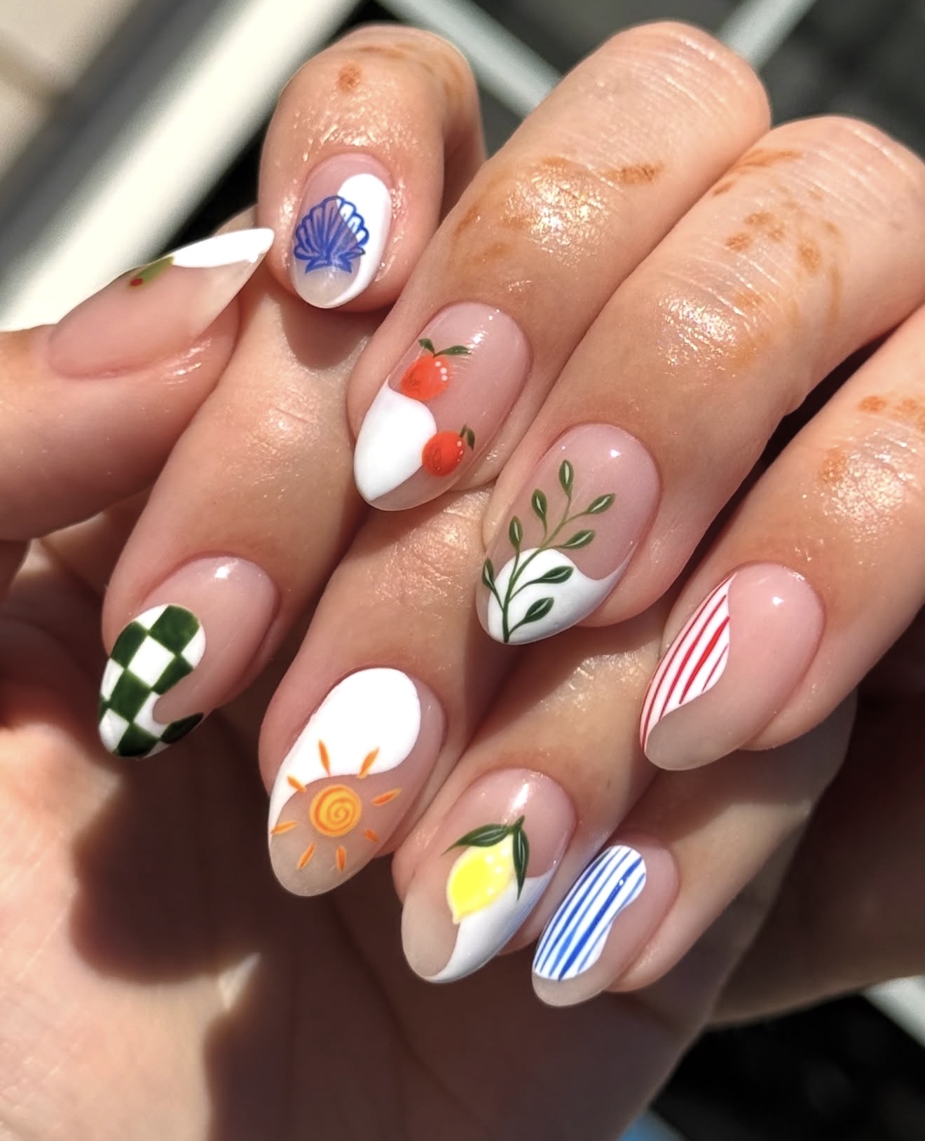 Whimsical Summer Fruit and Seashell Nail Art