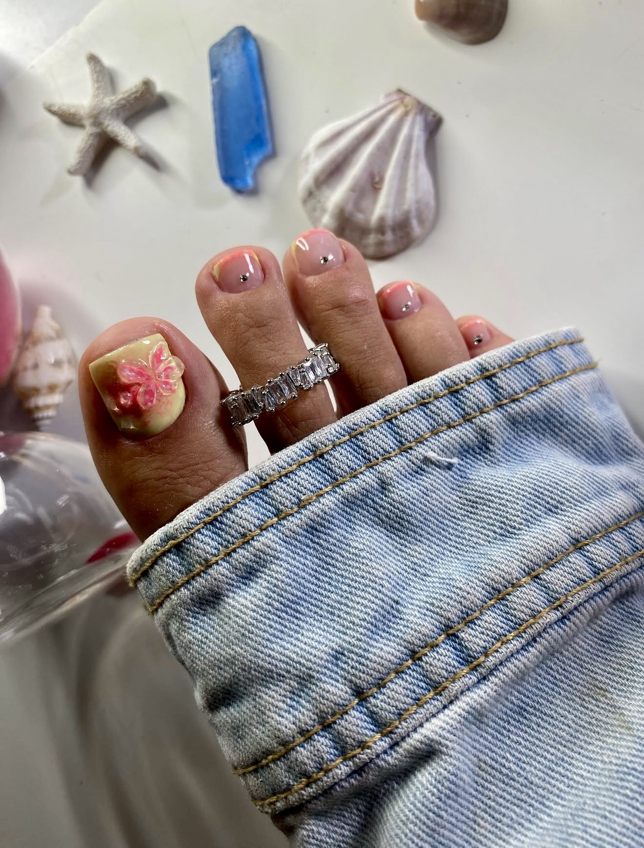 Yellow Nude French Tip Pedicure with 3D Butterfly